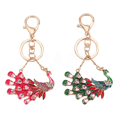 2Pcs 2 Colors Peacock Enamel Style Alloy Rhinestone Keychains KEYC-OC0001-37-1