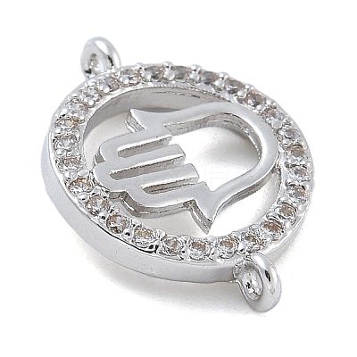 Rack Plating Brass Micro Pave Clear Cubic Zirconia Flat Round with Hamsa Hand Connector Charms KK-A234-039P-1