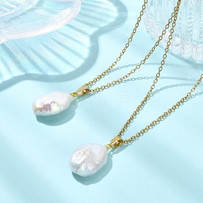 Natural Baroque Keshi Pearl Oval Pendant 304 Stainless Steel Cable Chain Necklaces NJEW-JN06135-1