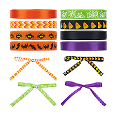 8Rolls 8 Colors Halloween Polyester Printed Grosgrain Ribbon OCOR-PH0004-26-1