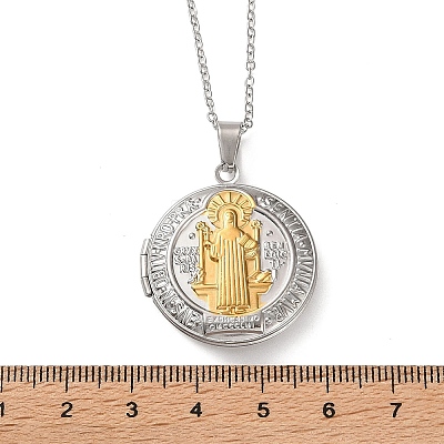 304 Stainless Steel Saint Benedict Medal Locket Pendant Necklaces for Women NJEW-G187-02GP-1