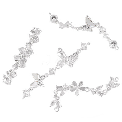 4Pcs 4 Styles Brass Pave Clear Cubic Zirconia Flower Butterfly Connector Charms KK-TA0008-72S-1