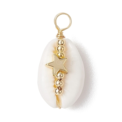 Natural Cowrie Shell Copper Wire Wrapped Pendants PALLOY-JF02932-03-1