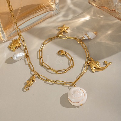 304 Stainless Steel Dolphin Sea Horse & Acrylic Pearl & Natural Shell Pendant Bib Necklaces for Women NJEW-G181-03G-1