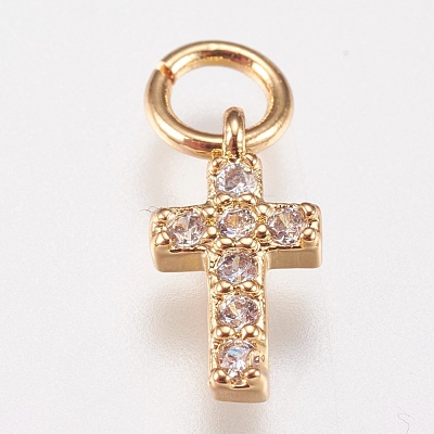 Brass Micro Pave Cubic Zirconia Tiny Cross Charms ZIRC-E147-62G-1
