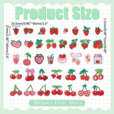 38Pcs 2 Sets 2 Styles Strawberry & Cherry Polyester Embroidered Cloth Patch PATC-WR0001-32-1