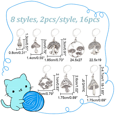 16Pcs 8 Style Mushroom Tibetan Style Alloy Pendant Stitch Markers HJEW-NB00018-1