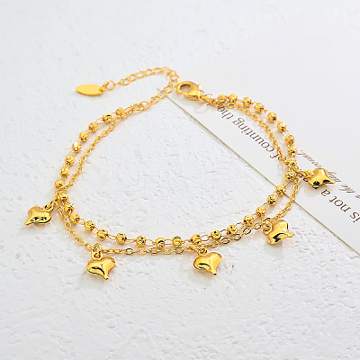 Vintage Beach Brass Heart Tassel Double Layer Chain Anklets for Women VK8892-1