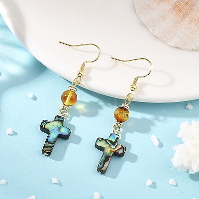 Cross Natural Amber & Abalone Shell/Paua Shell Dangle Earrings EJEW-JE07359-1
