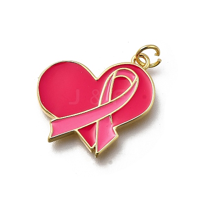 October Breast Cancer Pink Awareness Ribbon Brass Enamel Pendants KK-G525-10G-05-1