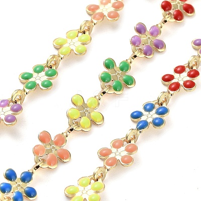 Brass with Colorful Enamel Flower Link Chains KK-F871-56G-1