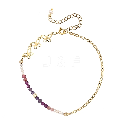 Natural Amethyst & Pearl Round Beaded Butterfly Anklets AJEW-AN00795-02-1