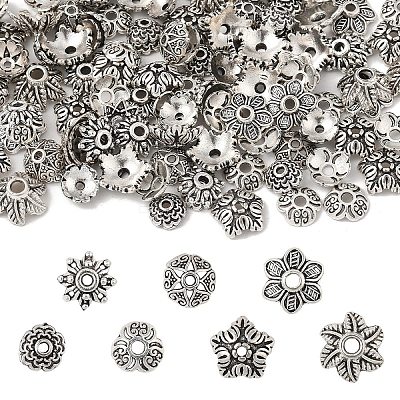 400Pcs 7 Style Tibetan Style Alloy Bead Caps TIBE-YW0001-80-1