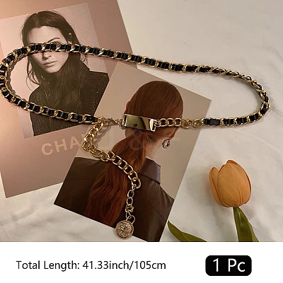 1Pc Black PU Leather & Alloy Twisted Waist Body Chains for Woman DIY-CL0001-10-1