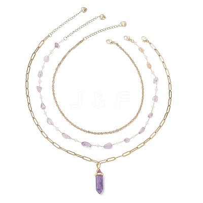 Natural Amethyst Double Terminated Pointed Bullet Pendant 304 Stainless Steel & Brass Chain 3 Layer Necklaces for Women NJEW-JN05477-01-1