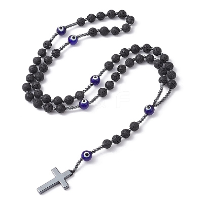 Natural Lava Rock & Synthetic Hematite Rosary Bead Necklaces NJEW-JN04460-1