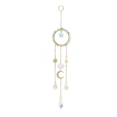 Natural Green Aventurine Woven Net/Web with Feather Window Hanging Suncatchers HJEW-JM00852-02-1