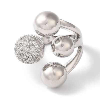 Brass Micro Pave Clear Cubic Zirconia Round Ball Open Cuff Rings for Women LS-RJEW-C098-18P-1