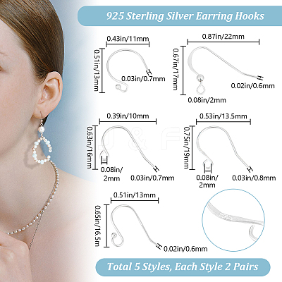 10 Pairs 5 Style 925 Sterling Silver Earring Hooks STER-BBC0006-08-1