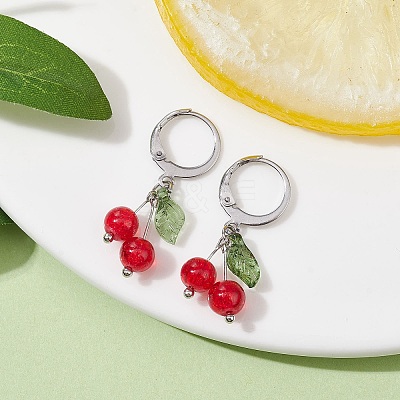 Cherry Glass with Acrylic Dangle Leverback Earrings EJEW-JE05612-1