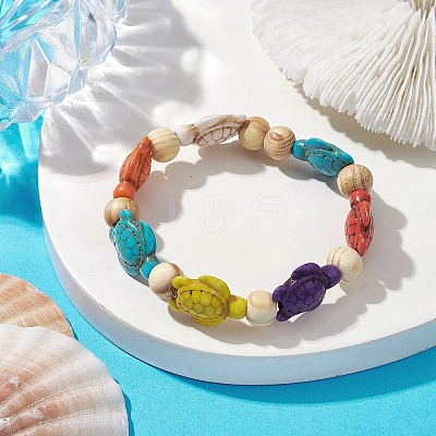 Beach Turtle Dyed Synthetic Turquoise Stretch Bracelets BJEW-JB10296-02-1
