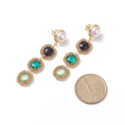 Glass Rectangle Beaded Long Dangle Stud Earrings with Imitation Pearl EJEW-TA00141-01-1