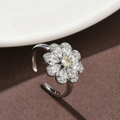 Flower Brass Micro Pave Cubic Zirconia Cuff Rings for Women RJEW-A069-01B-P-1