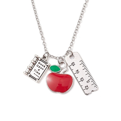 Teather's Day Alloy Red Apple Book Ruler Pendant Necklaces X1-NJEW-TA00185-1