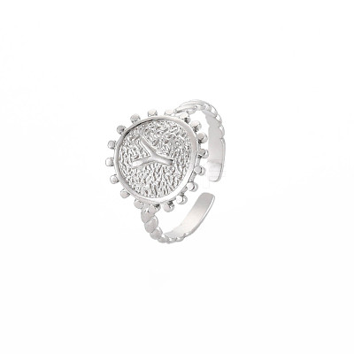 Non-Tarnish 304 Stainless Steel Flat Round with Initial Letter Open Cuff Ring for Men Women RJEW-S405-246P-Y-1