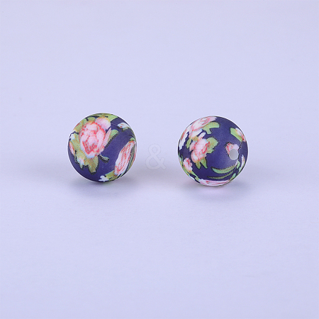Printed Round with Flower Pattern Silicone Focal Beads SI-JX0056A-161-1