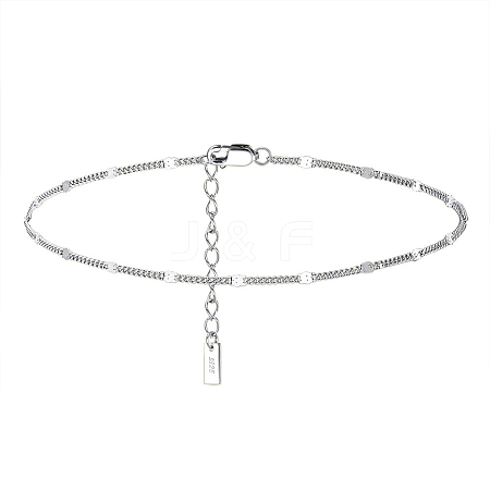 Rhodium Plated 925 Sterling Silver Curb Chain Anklet with Rectangle Charm AJEW-F162-001P-1