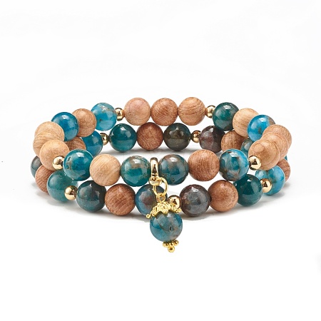 Natural Apatite & Wood Round Beads Stretch Bracelets Set BJEW-JB07165-01-1