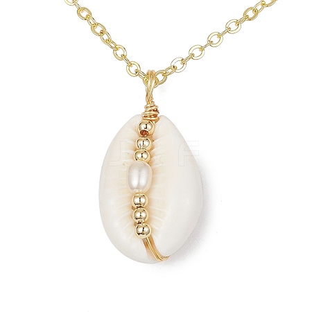Natural Shell Pendant Necklace with Brass Cable Chains NJEW-JN04472-1