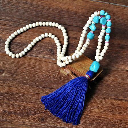 Wood & Synthetic Turquoise Beaded Nuggets Mala Necklaces with Tassel for Women FS-WGC7FA0-04-1