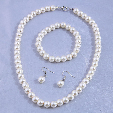 Round Plastic Imitation Pearl Beaded Necklaces & Dangle Earring & Bracelets Sets FS-WGF01A4-01-1