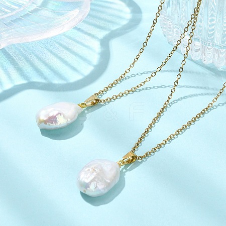 Natural Baroque Keshi Pearl Oval Pendant 304 Stainless Steel Cable Chain Necklaces NJEW-JN06135-1