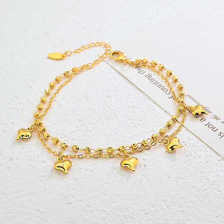 Vintage Beach Brass Heart Tassel Double Layer Chain Anklets for Women VK8892-1