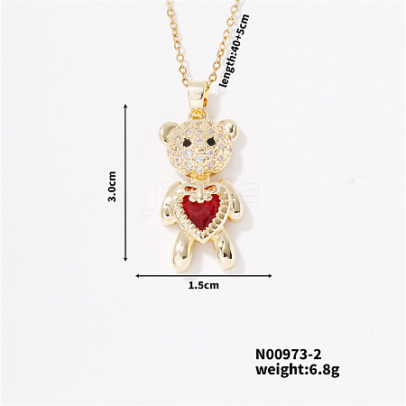 Fashionable Brass Pave Ruby Rhinestone Cable Chain Heart Bear Pendant Necklaces for Women XK4018-2-1