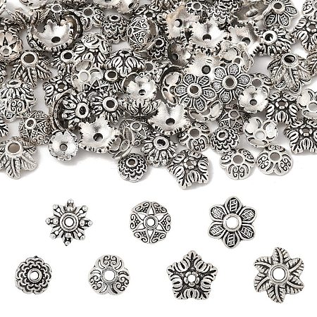 400Pcs 7 Style Tibetan Style Alloy Bead Caps TIBE-YW0001-80-1