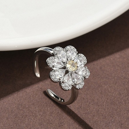 Flower Brass Micro Pave Cubic Zirconia Cuff Rings for Women RJEW-A069-01B-P-1
