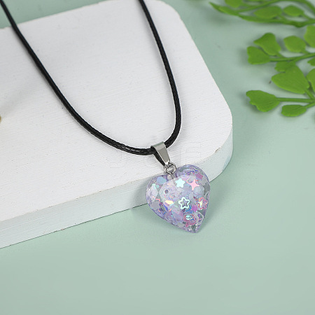 Luminous Heart with Paillette Inside Pendant Black Wax Cord Necklaces FS-WGF75A0-01-1
