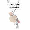 Natural Rose Quartz Teardrop Perfume Bottle Pendant Necklace with Staninless Steel Butterfly Flower and Random Color Tassel Charms BOTT-PW0002-069E-1