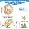 Beebeecraft 3 Pairs Brass Micro Pave Cubic Zirconia Moon with Flower Stud Earring Findings KK-BBC0007-96-2