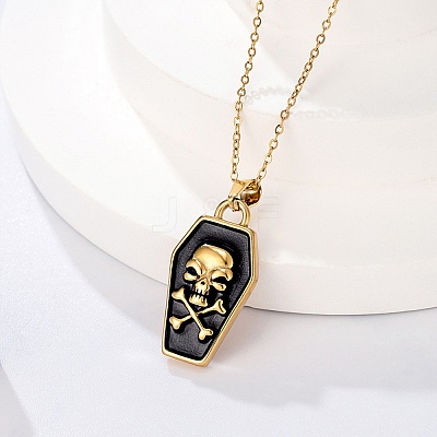 Halloween Theme 304 Stainless Steel Black Enamel Coffin with Skull Pendant Necklaces for Men NJEW-Z090-01G-1