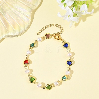 Natural Cultured Freshwater Pearl & Brass Glass Link Chains Bracelets for Women BJEW-JB14219-1