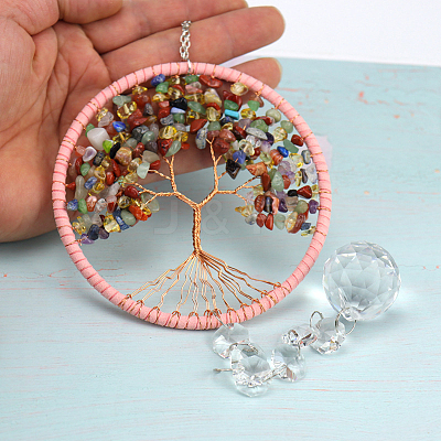 Tree of Life Mixed Gemstone Chip Suncatcher DJEW-PW0017-07-1