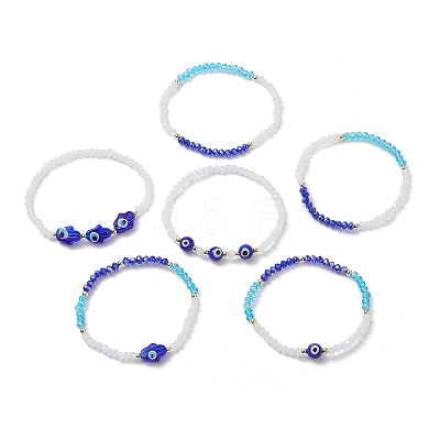 6Pcs 6 Style Glass & Lampwork Evil Eye & Hamsa Hand Beaded Stretch Bracelets Set BJEW-JB09415-1