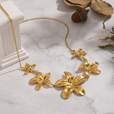 European 304 Stainless Steel 5 Floral Flower Pendant Bib Necklaces for Women ND3546-1