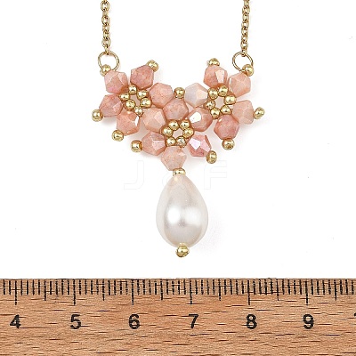 Electroplate Glass Beaded Flower Teardrop Pendant 304 Stainless Steel Cable Chain Necklaces NJEW-MZ00156-02-1