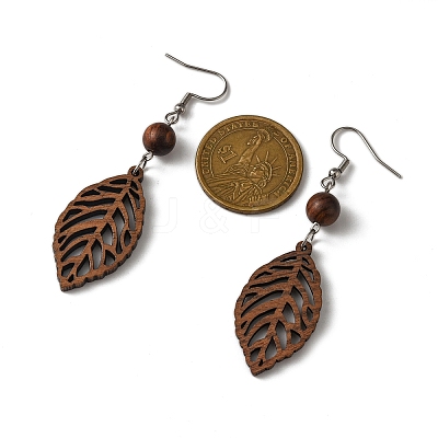 Leaf Natural Walnut Wood Dangle Earrings for Women EJEW-JE06101-01-1
